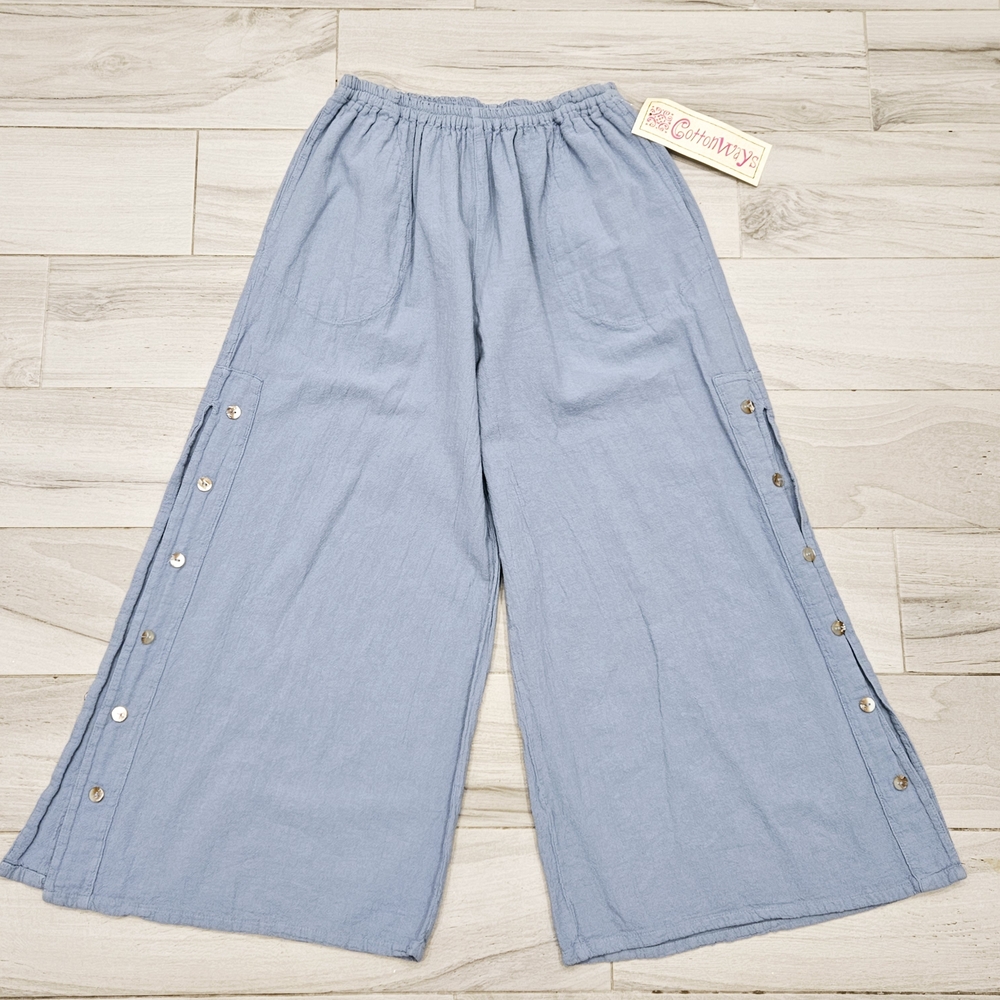 Coastal Cotton Gauze Wide Leg Pants Boho Beach Resort Blue M L